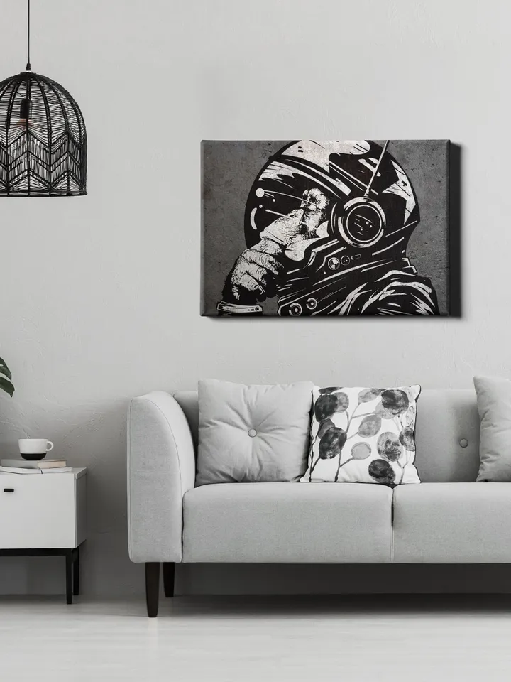 Astronaut Monkey Canvas Print - Wall Chimp Thinker Colorful PAinting - Thinking Artwork Room Street Art Graffiti Decor Banksy Canvases