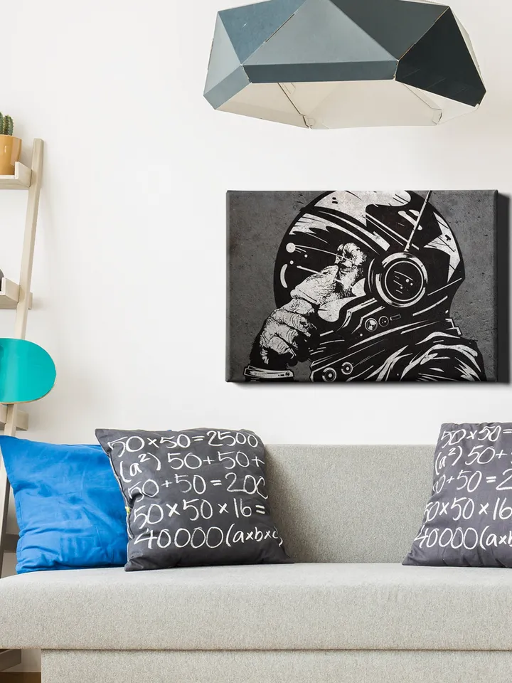 Astronaut Monkey Canvas Print - Wall Chimp Thinker Colorful PAinting - Thinking Artwork Room Street Art Graffiti Decor Banksy Canvases