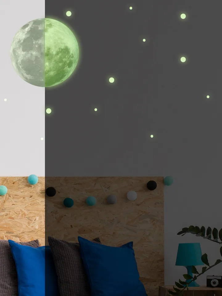 Glow In The Dark Full Moon And Star Wall Sticker - Bedroom Ceiling Decoration Large Glowing Decal - Big Luminous Light For Kid Room Decor