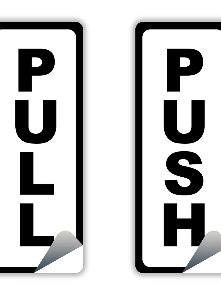4x Push Pull Door Vertical Sticker Sign For To Open And Close - Waterproof Store Glass Vinyl Decal - The Commercial In Cafe Use White Sing