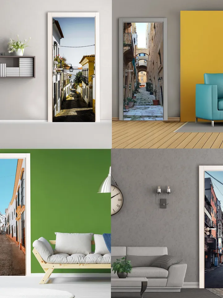 3d Door Cover Sticker - Street Wallpaper Front Door Mural Wall Decal - Removable Peel Stick Interior Covering Wrap Decor Vinyl For Doors Art
