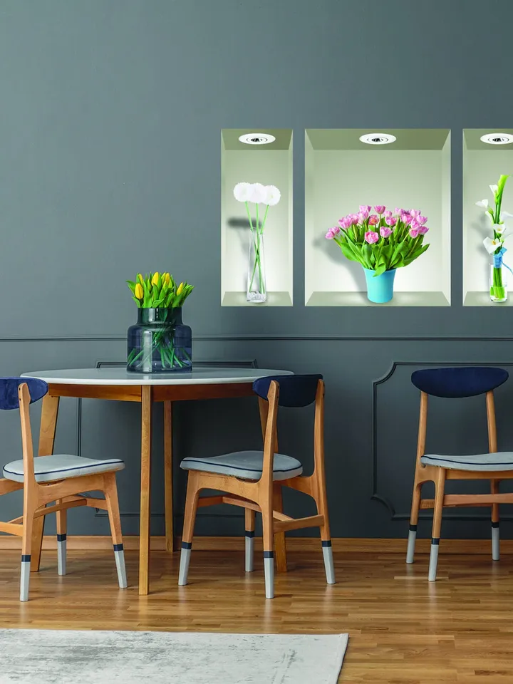 3d Flowers In Vases Wall Decor Stickers - Art Flower Vase Decals For Bedroom Kitchen Dining Living Room Sticker Mural - Home Murals Decal