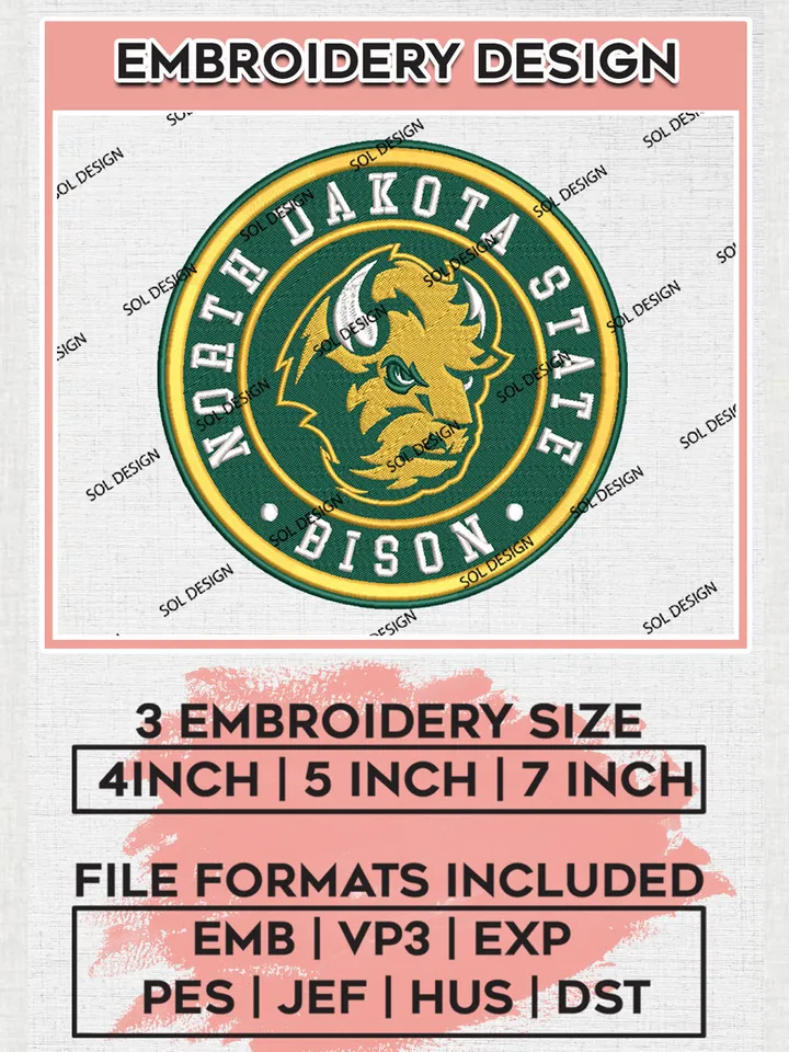 NCAA North Dakota State Bison Round Logo Embroidery, NCAA North Dakota State Bison Logo Embroidery files, NCAA Teams, Machine embroidery designs, Digital Download