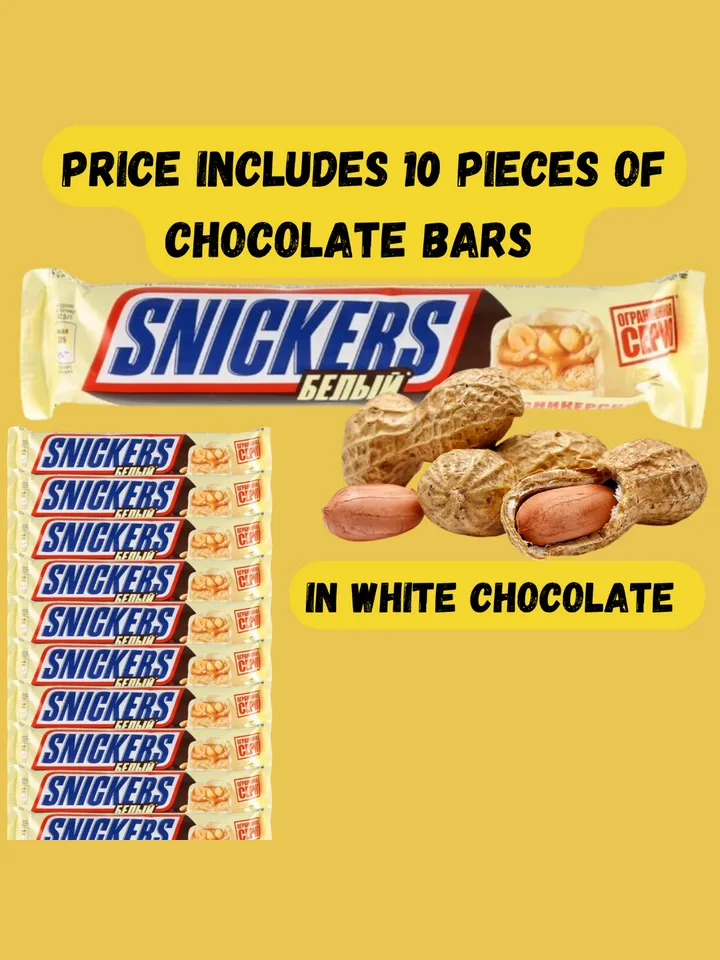SNICKERS chocolate is a nut covered with white chocolate the order includes 10 pcs