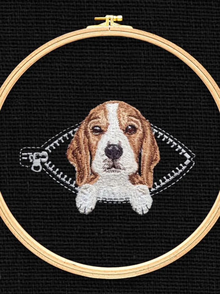 Beagle in a zipper pocket Miniature realistic machine embroidery design Pet design Dog realistic pattern Beagle embroidery pattern