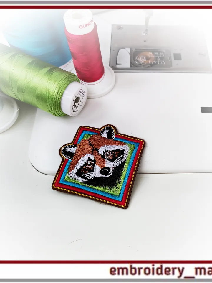 In The Hoop patch or pendant, or brooch with raccoon Machine embroidery design