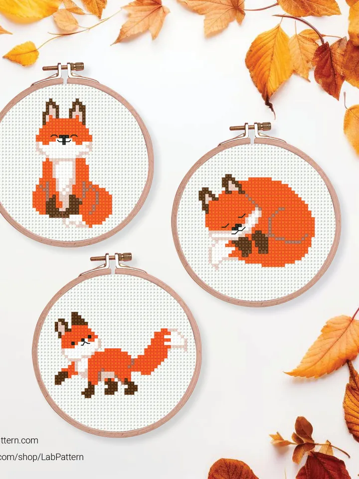 Bundle 6 mini foxes Cross stitch pattern, tiny animal, Nature, animals, beginner counted, modern chart, gift DIY, embroidery, instant PDF