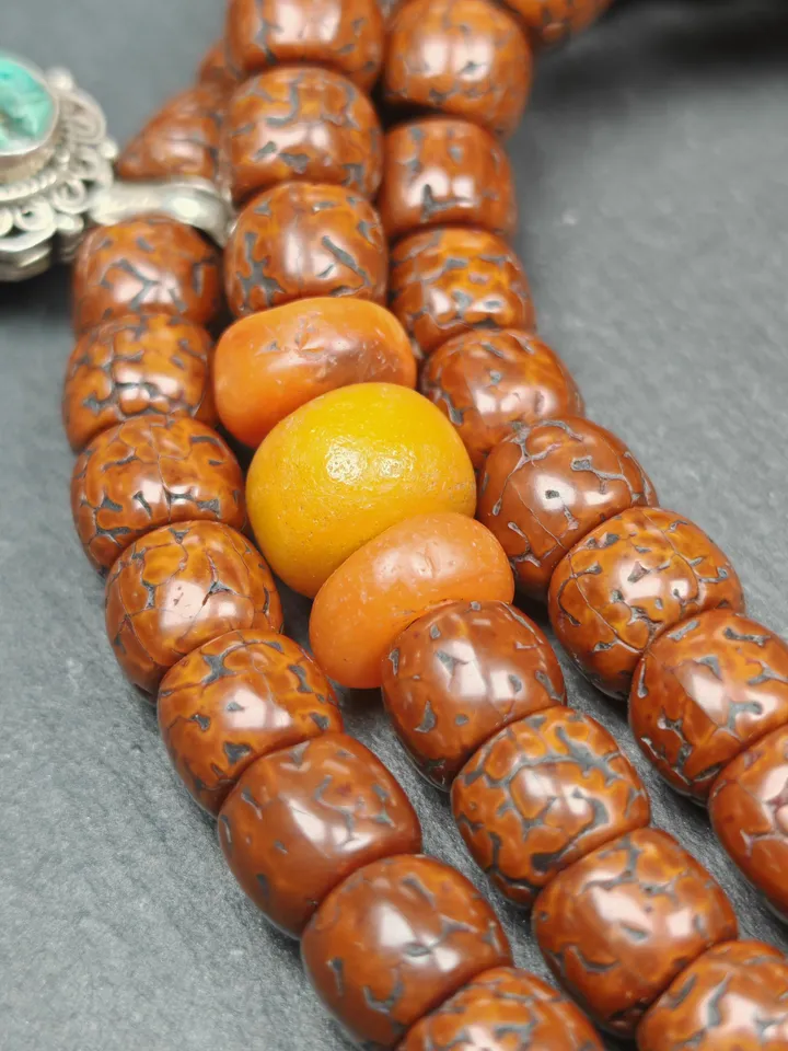 Authentic Tibetan 9+mm 108 Rudraksha Rosary, Old Necklace Mala,Tibetan Prayer Beads with Unique Mix of Treasures,Spiritual Gift