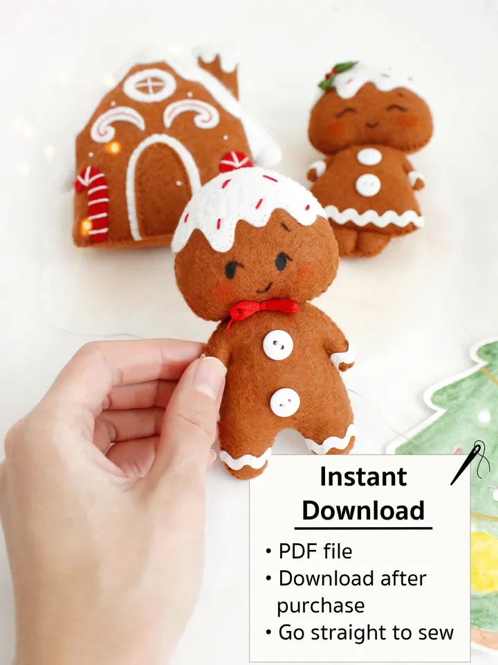 Felt gingerbread boy, girl and house hand sewing PDF tutorial with patterns. DIY Christmas tree ornaments. Soft toy pattern