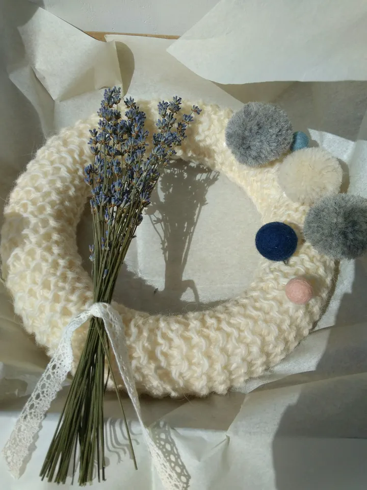 Gift for Home Crochet Wreath Natural Craft Knitted Decorative Holiday Home Door Wreath Winter New Year and Christmas Minimalistic Wreath