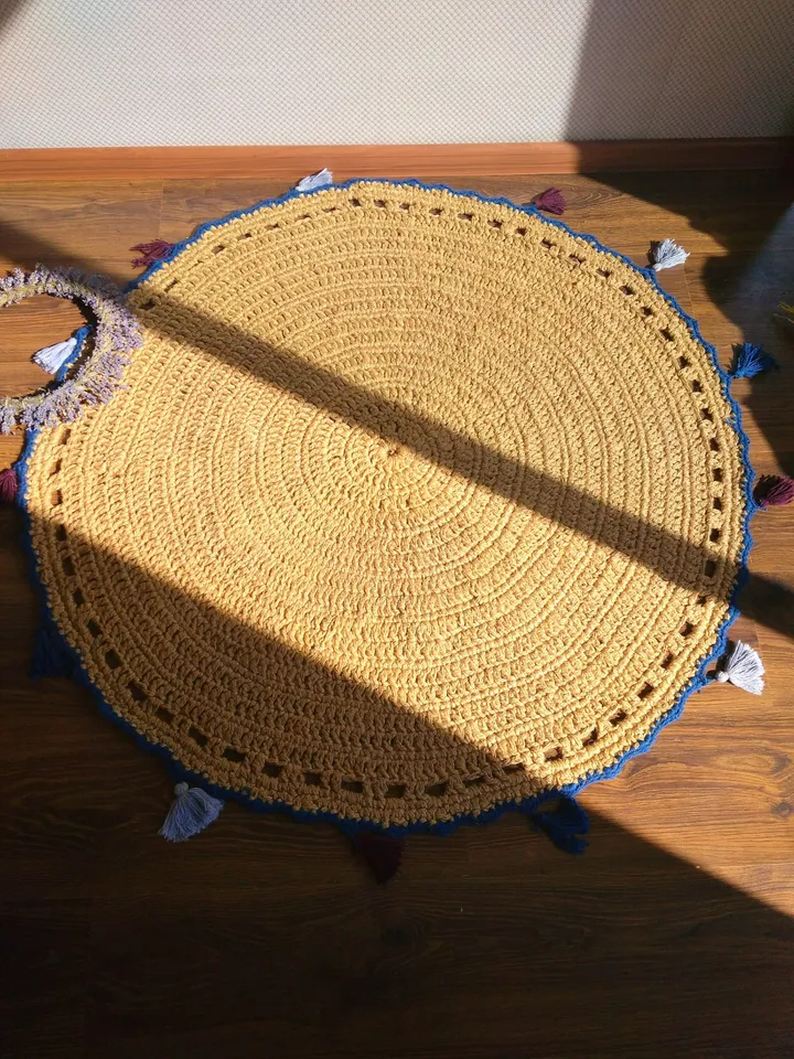 Zero Waste Round Jute Rug Hooking with Pom-poms Circle Rope Rug Cute Nursery Kids Room Rug Children"s Play Mat Eco-Friendly Home Decor