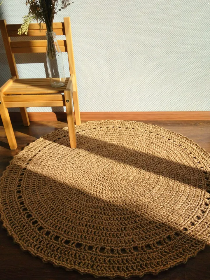 Gift for Home Natural Jute Rug Eco-friendly Jute Crochet Round Rug Living Room Carpet Chiidren's Play Mat Rug Natural Jute Decor for Floor