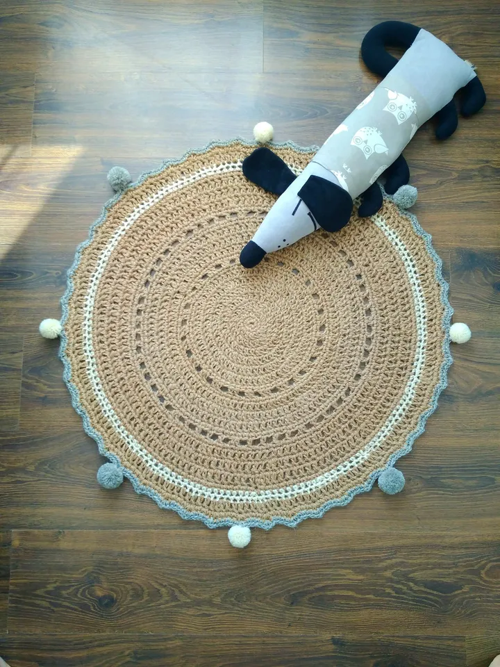 Kids Room Rug NurseryPlay Mat Hand Knitted Natural Eco-friendly Jute Crochet Kids Room Rug Baby Play Mat Rug Carpet with Pompoms