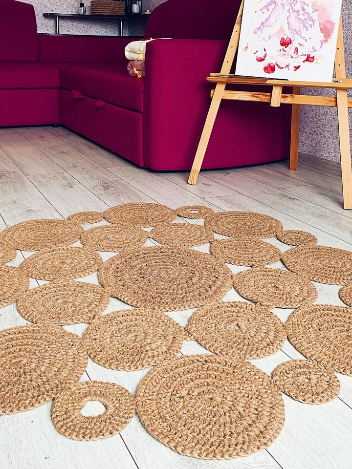 Zero Waste Natural Jute Rug Hooking Round Rope Scandinavian Farmhause Rug Eco-Friendly Floor Decor