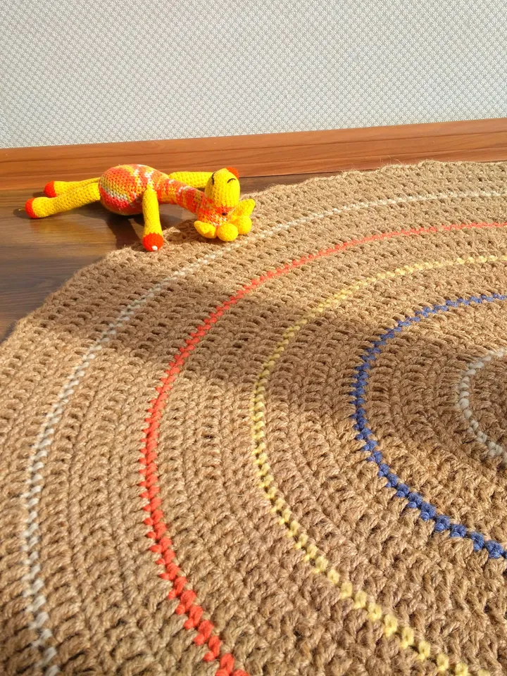 Zero Waste Natural Jute Rug Hooking Round Handmade Rope Rug Colorful Circle Rug Nursery Kids Room Play Mat Eco-Friendly Floor Decor