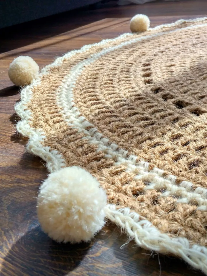 Gift for Home Natural Jute Rug Eco-friendly Jute Crochet Round Rug with Pom poms Bedroom Rug Zero Waste Gift  Play Mat Rug