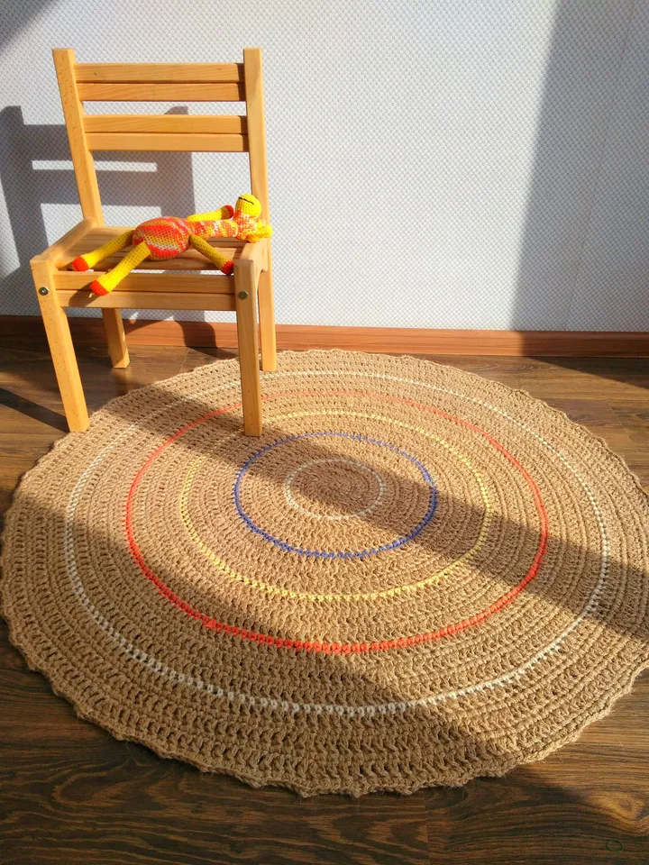 Zero Waste Natural Jute Rug Hooking Round Handmade Rope Rug Colorful Circle Rug Nursery Kids Room Play Mat Eco-Friendly Floor Decor