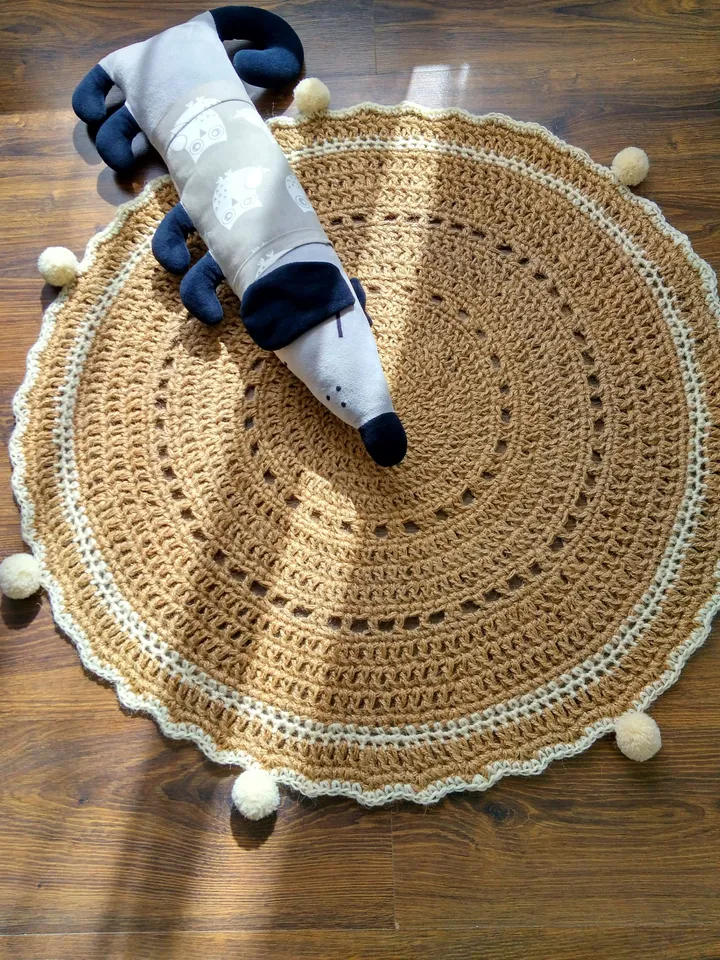 Gift for Home Natural Jute Rug Eco-friendly Jute Crochet Round Rug with Pom poms Bedroom Rug Zero Waste Gift  Play Mat Rug