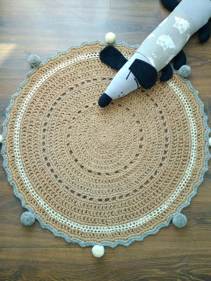 Kids Room Rug NurseryPlay Mat Hand Knitted Natural Eco-friendly Jute Crochet Kids Room Rug Baby Play Mat Rug Carpet with Pompoms