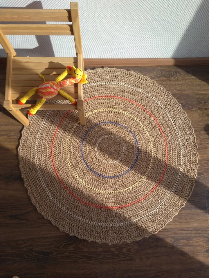 Zero Waste Natural Jute Rug Hooking Round Handmade Rope Rug Colorful Circle Rug Nursery Kids Room Play Mat Eco-Friendly Floor Decor