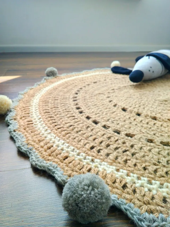 Kids Room Rug NurseryPlay Mat Hand Knitted Natural Eco-friendly Jute Crochet Kids Room Rug Baby Play Mat Rug Carpet with Pompoms