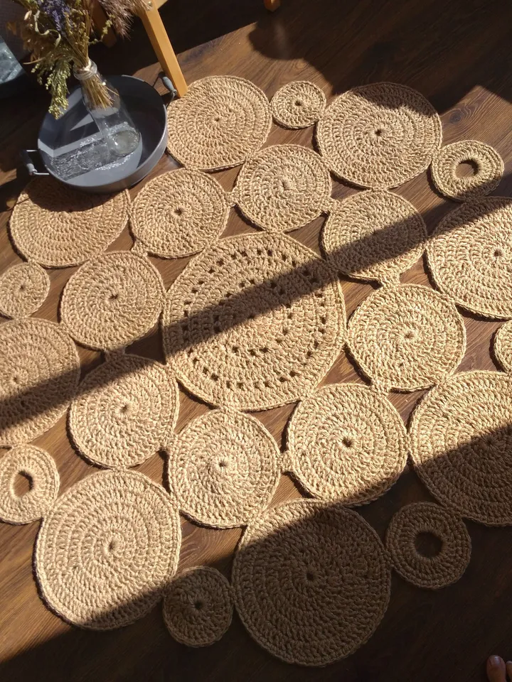 Gift for Home Natural Jute Rug Eco-friendly Jute Crochet Round Rug Bedroom Nursery and Kids Room Carpet  Not Allergic Play Mat Rug