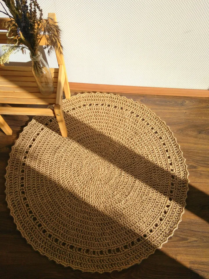 Gift for Home Natural Jute Rug Eco-friendly Jute Crochet Round Rug Living Room Carpet Chiidren's Play Mat Rug Natural Jute Decor for Floor