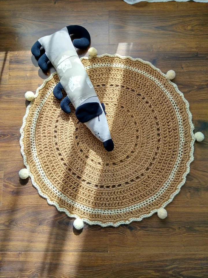 Gift for Home Natural Jute Rug Eco-friendly Jute Crochet Round Rug with Pom poms Bedroom Rug Zero Waste Gift  Play Mat Rug