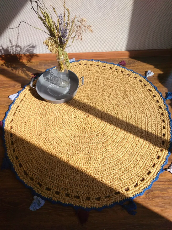 Zero Waste Round Jute Rug Hooking with Pom-poms Circle Rope Rug Cute Nursery Kids Room Rug Children"s Play Mat Eco-Friendly Home Decor