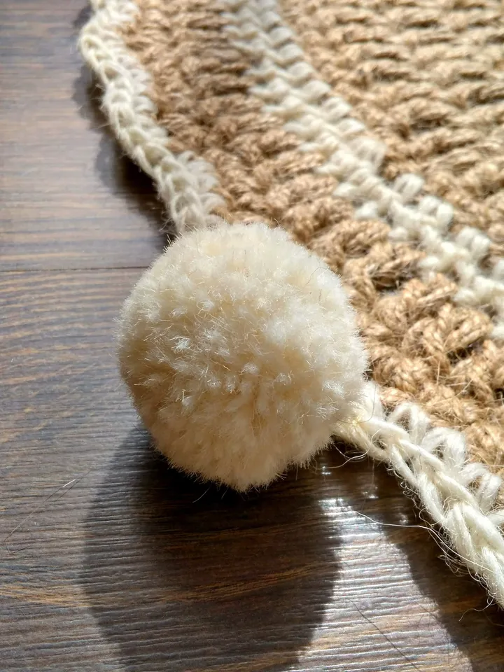Gift for Home Natural Jute Rug Eco-friendly Jute Crochet Round Rug with Pom poms Bedroom Rug Zero Waste Gift  Play Mat Rug