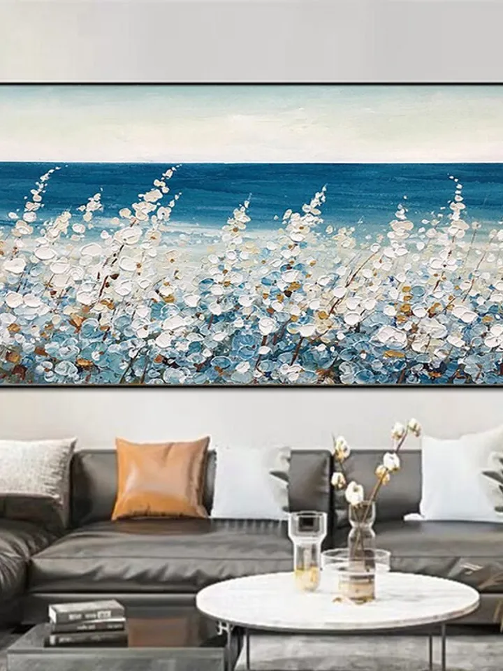 Original Flower Oil Painting On Canvas, Abstract Blud Sea Painting, Boho wall décor, Living Room Wall Art, Heavy Textured Impasto Painting