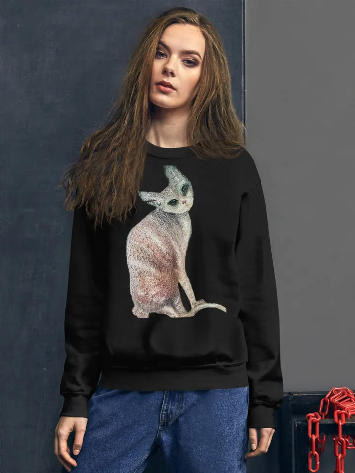 Mystery cat Unisex Sweatshirt made with my original unique mix media painting,cats t shirts, unique designer shirts,gifts for her.