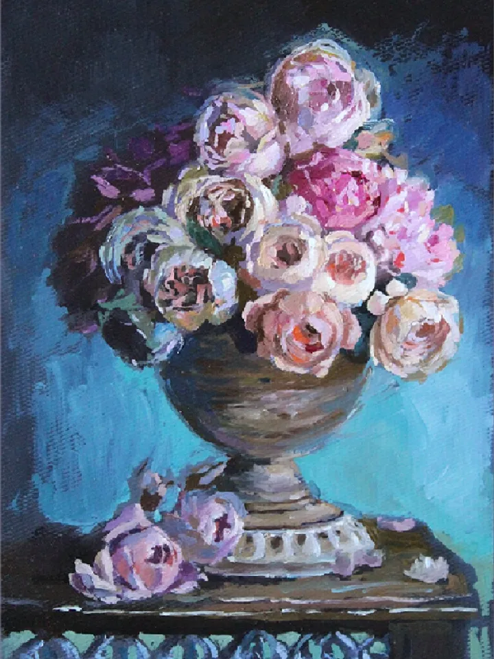 Oil painting a large bouquet of flowers in a classic style. 4.8 x7" Miniature