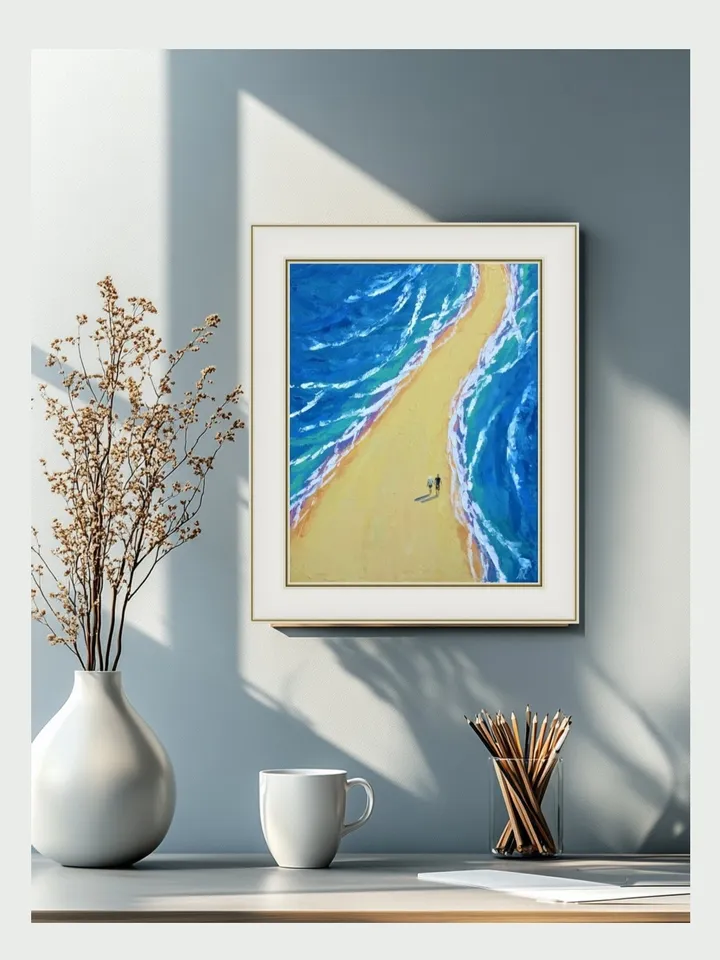 Ocean Shoreline Artwork - Original Palette Knife Oil Painting of a Couple on the Beach on Canvas