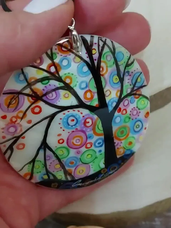 Mother-of-pearl Russian hand-painted necklace The Tree of Happiness Hand paint necklace pendant MOP pendant Hand painted miniature painting