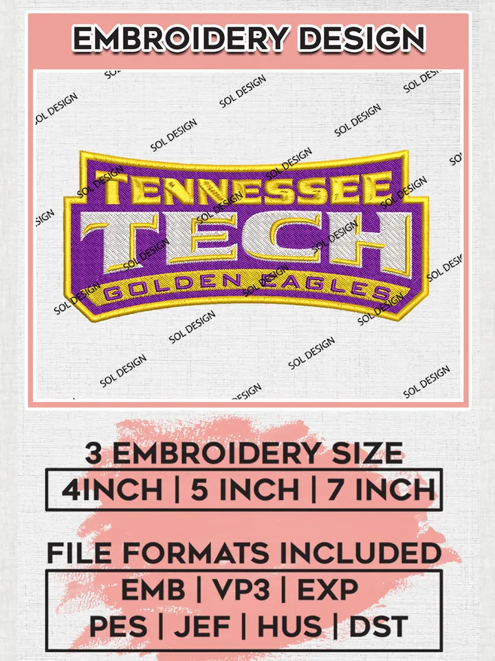 NCAA Tennessee Tech Golden Eagles Team Writing Logo Embroidery Design Files, NCAA Tennessee Tech Golden Eagles Machine Embroidery, NCAA Teams, 3 sizes, NCAA Machine embroidery designs, Digital Download