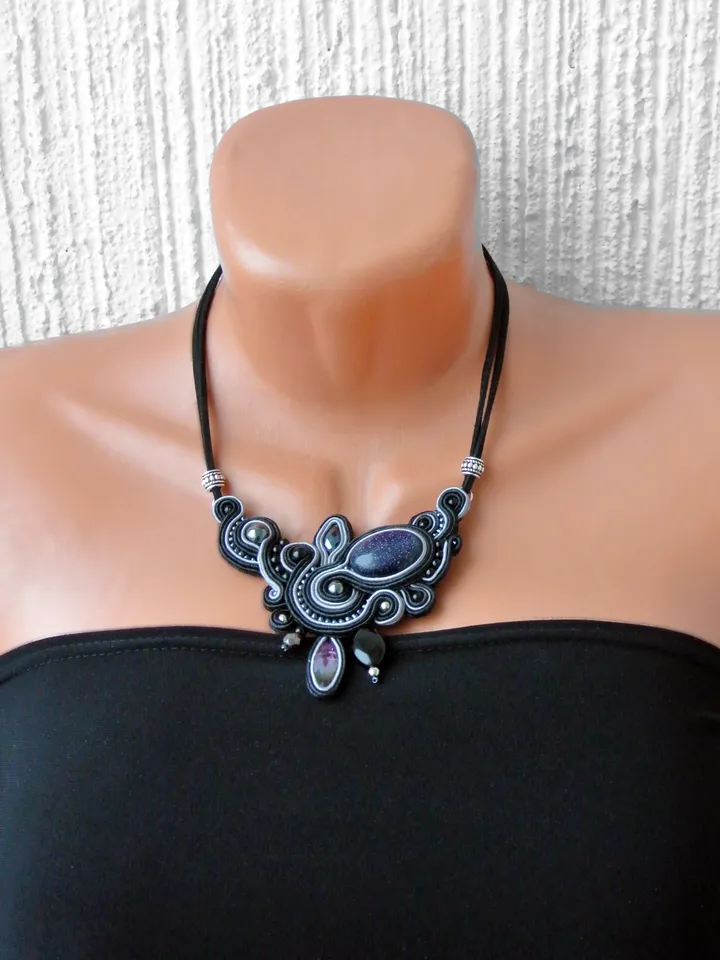 Black Statement necklace with Aventurine stone, Soutache embroidered necklace with natural stone