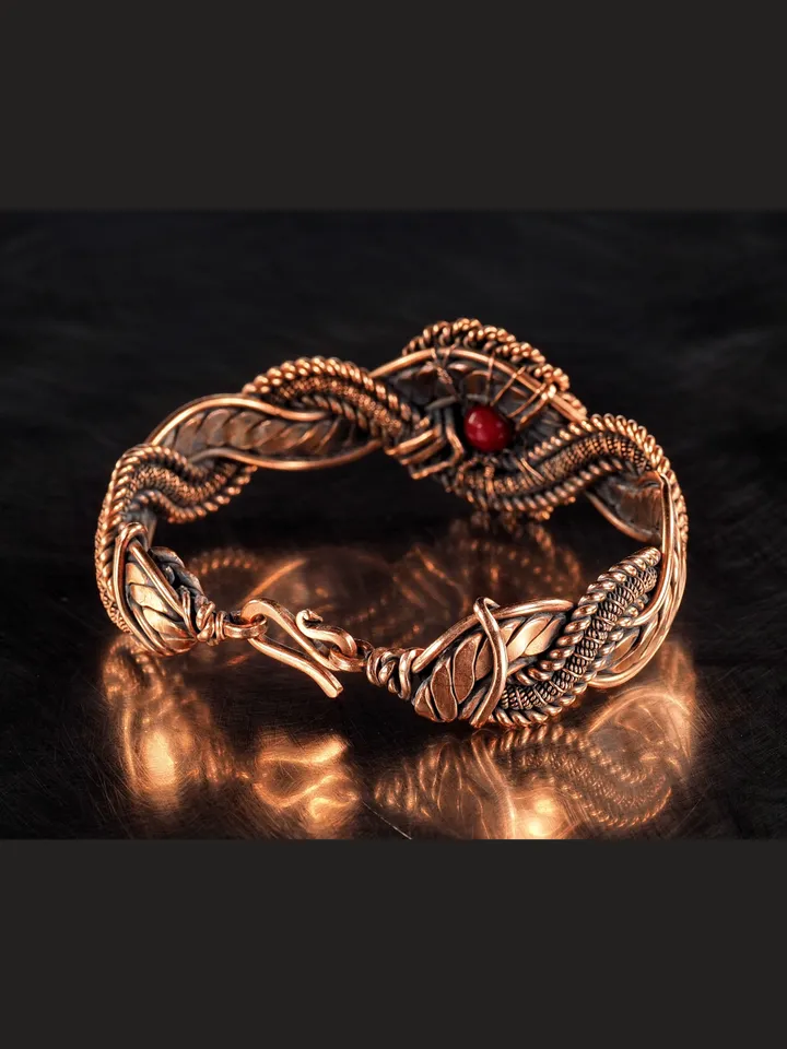 Copper wire wrapped red Agate bracelet for woman, Statement flower jewelry, 7th Anniversary gift for her woman, Unique copper jewelry, Braided Art Nouveau antique style bracelet, Oxidized pure copper, Handmade