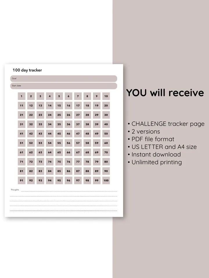 100 day habit tracker. Fitness challenge chart. Goal setting. Digital habit tracker. Saving tracker. Challenge tracker