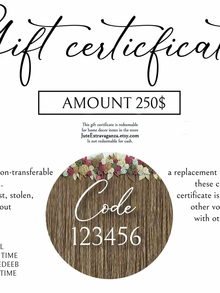 Printable gift certificate 250.00USD e voucher for dollars 50th anniversary gifts 40th woman 80th birthday women box housewarming expensive
