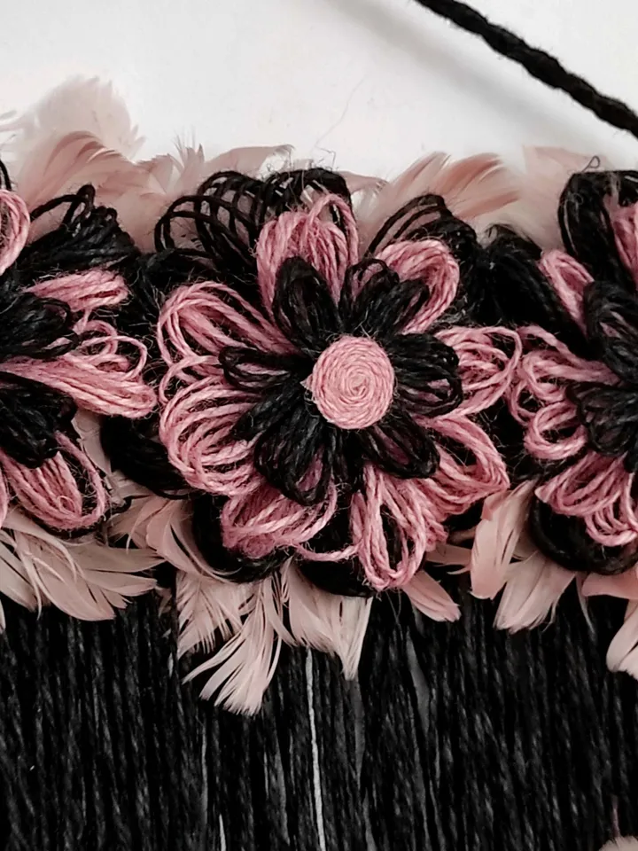 Black and pink tapestry wall hanging long narrow wall art vertical large fiber artwork for over bed ombre macrame décor custom weavings rope