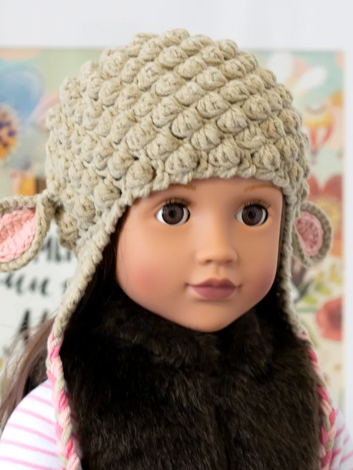 Crocheted lamb hat for 18″ American girl doll (AG doll) and Our Generation doll (OG doll)