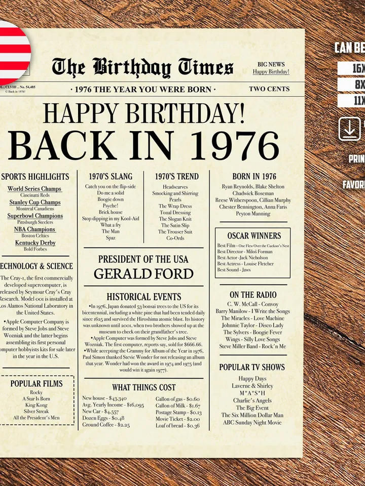 1976 49th birthday newspaper, 1976 poster, 49 birthday poster, 1976 birthday sign, INSTANT DOWNLOAD, 49 years ago back in 1976
