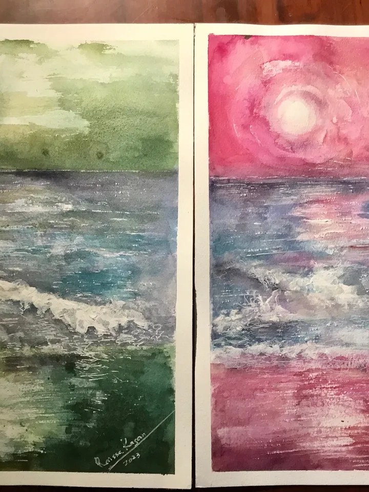Green and pink sunset original watercolor painting,set of two fantasy wall decoration,landscapes,seascapes painting.