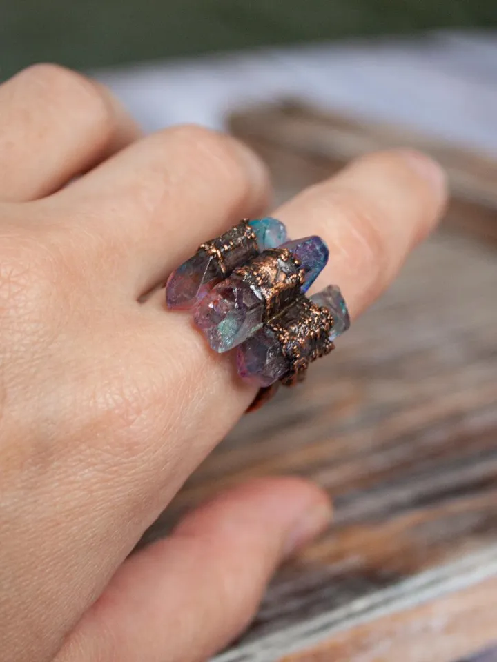 Unique handmade quartz ring in a copper frame made using the electroforming process