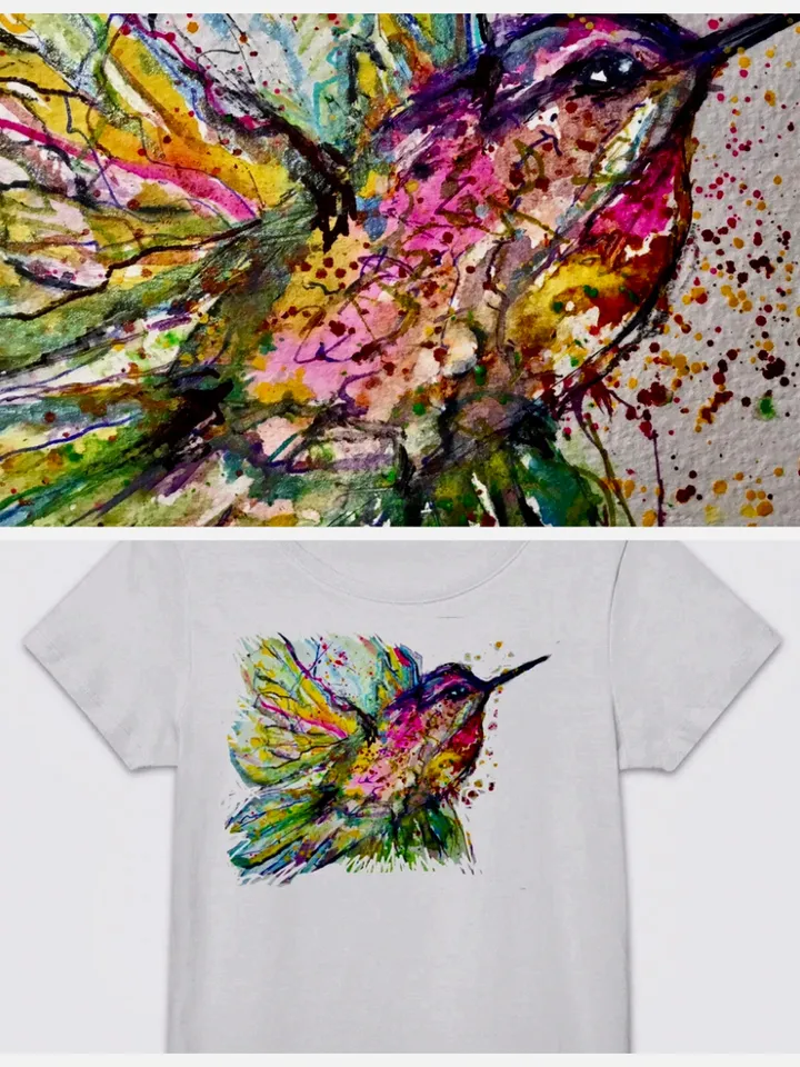 Hummingbirds Women’s basic organic t-shirt made with my original watercolour painting,birds t shirt gifts,unique artistic t shirts.