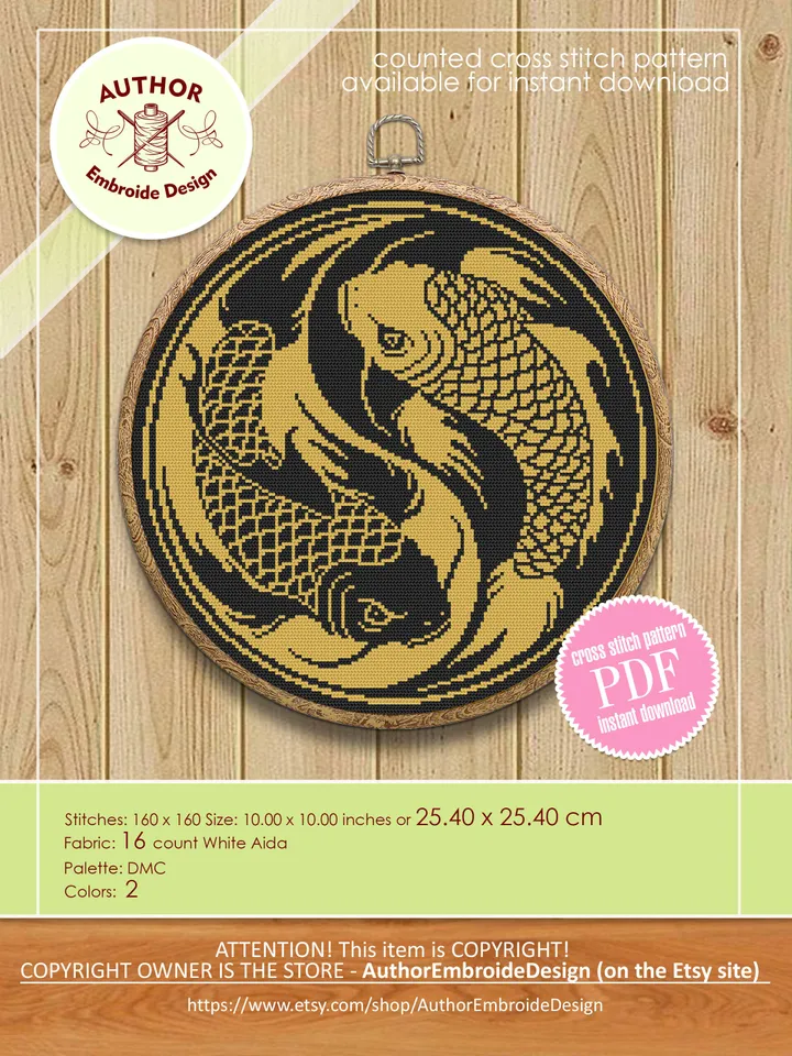 Koi fish Yin Yang cross stitch pattern download PDF, Mandala fish cross stitch chart, Yin and yang embroidery PDF, Japanese koi stitch #M183
