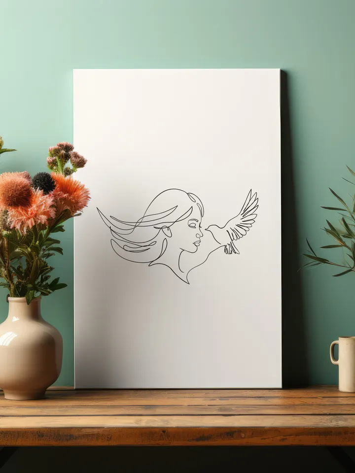 Woman with bird. Portrait minimalistic style