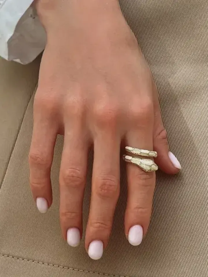 Snake ring with zircons and pearl enamel, gold, one size fits all