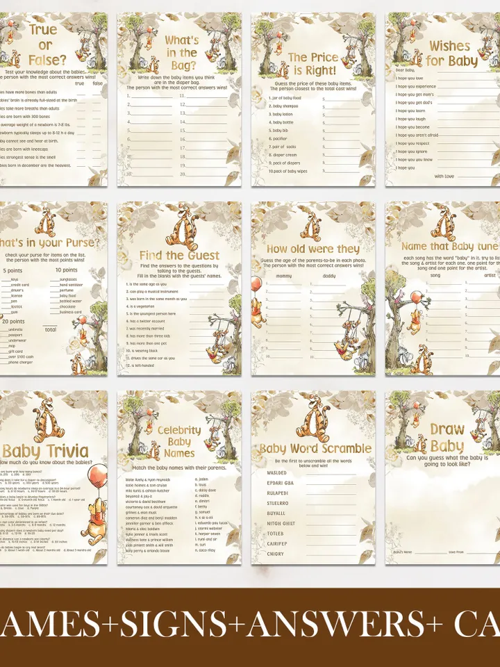 Winnie the Pooh Baby Shower Games; Winnie the Pooh Inspired; Printable Pooh Baby Shower Party Games; Honey Bear Shower Games; poom77